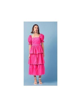 NWT English Factory Viral Sold Out Scallop Tiered Midi Dress Pink L